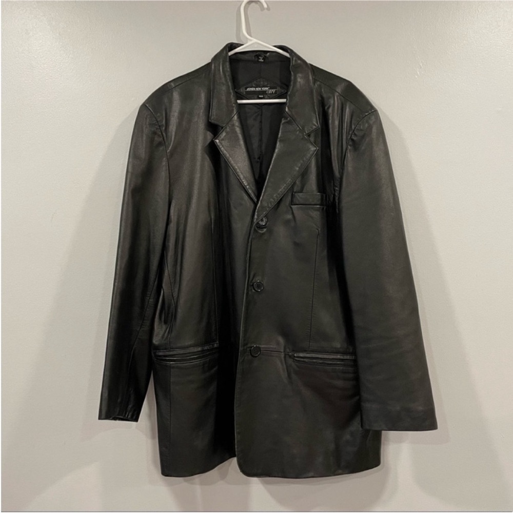Jones New York City Black Leather Button Down Blazer Jacket 46